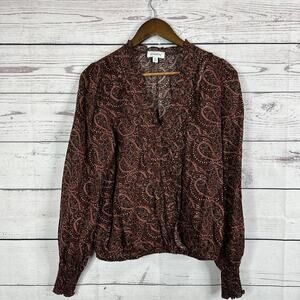 Evereve Blouse Womens Medium Anden Paisley Burgundy Ruffle Western Smocking‎